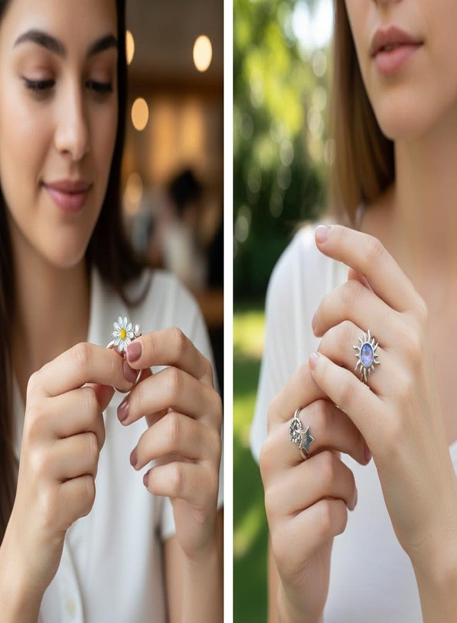 nmajnvo 3PCS Fidget Rings for Anxiety Women Adjustable, Sunflower Rotating Ring Set, Anxiety Relief Ring with Beads, Rotating Star for Stress Relief, Silver Plated Open Jewelry Gift - Image 3